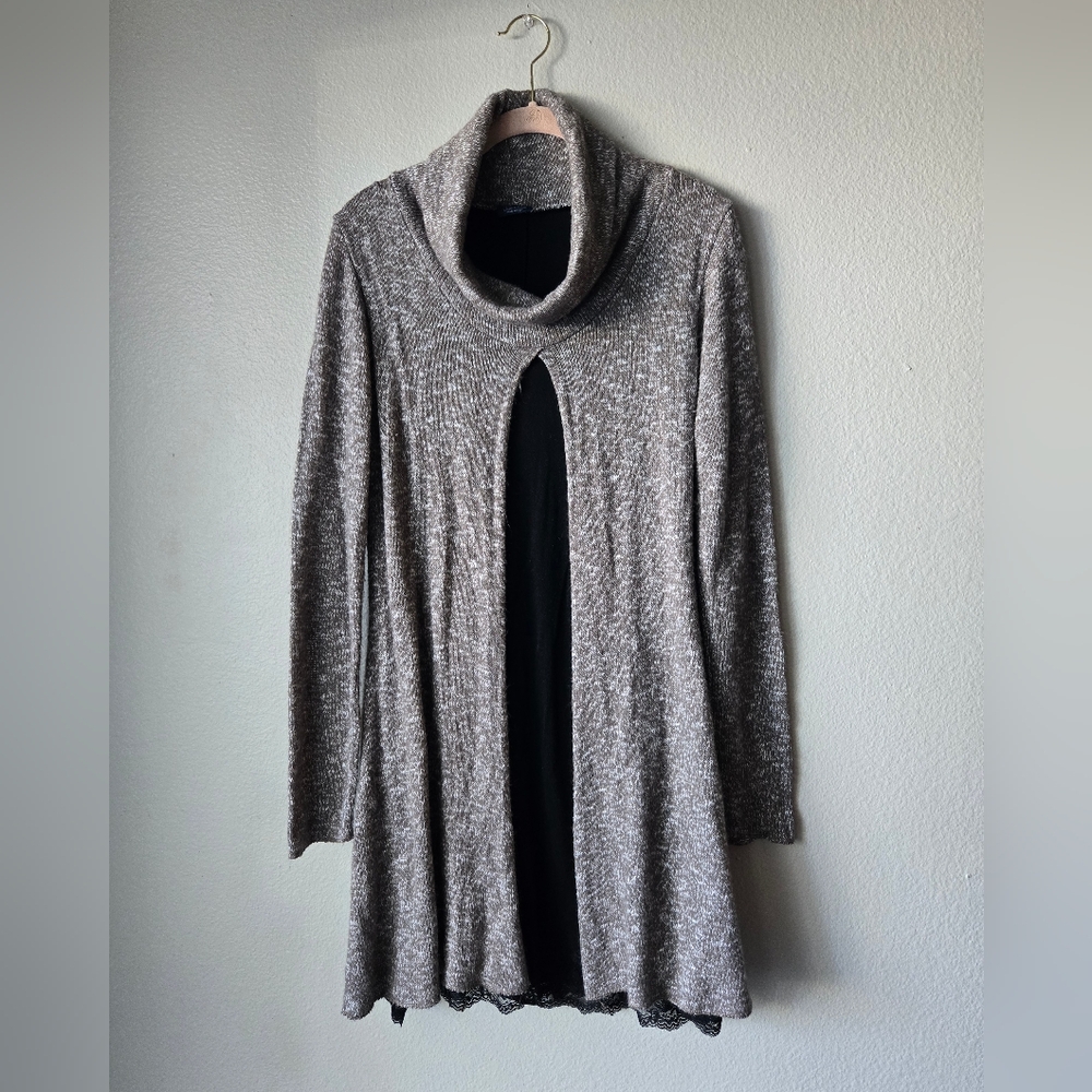 Made In Italy, Brown Cowl Neck Sweater Dress, Cardigan Lace, Soft Knit. Fits L